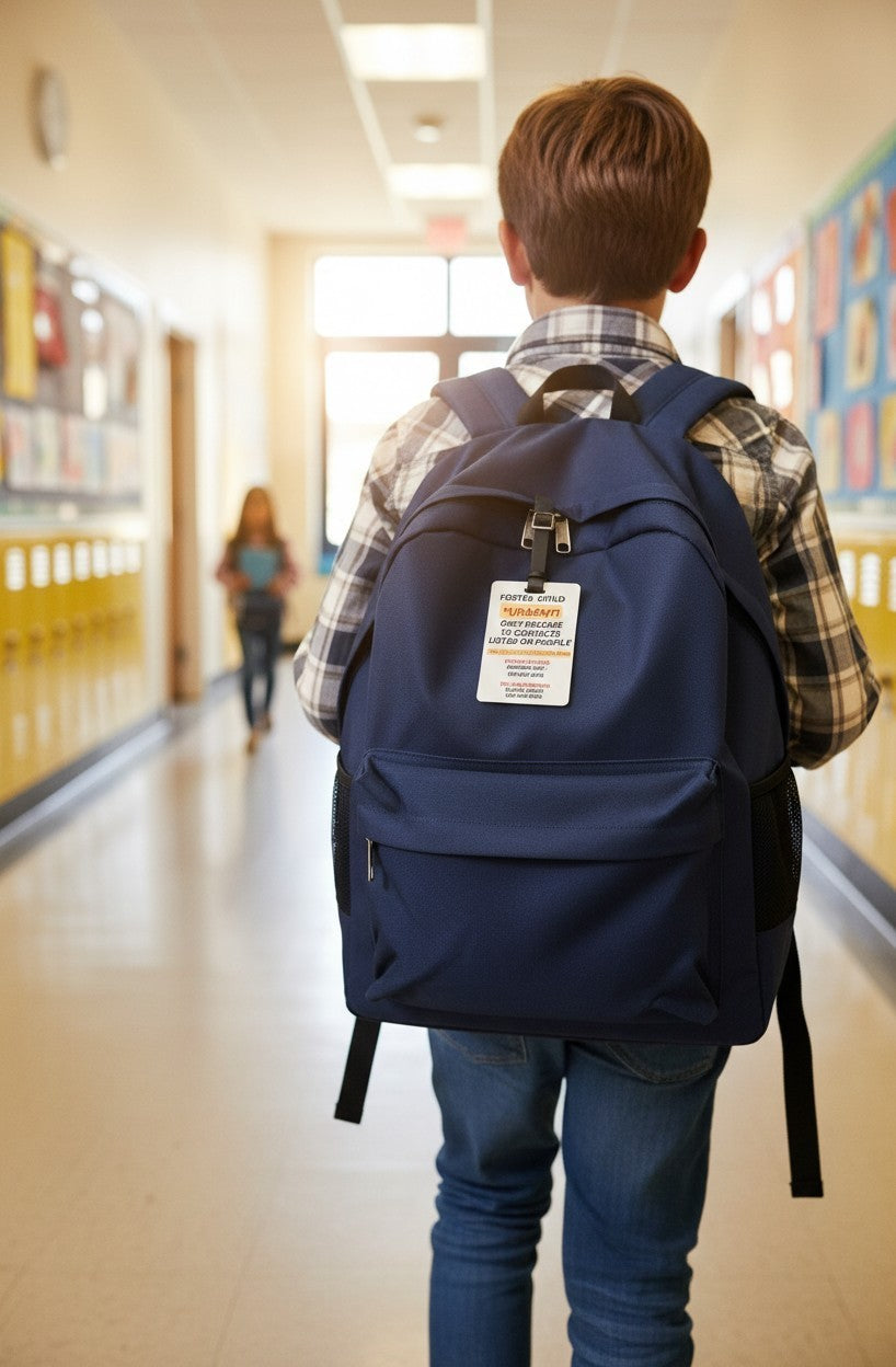 Speak For Me Systems blue school backpack with a white identification tag attached, worn by a student in a hallway.