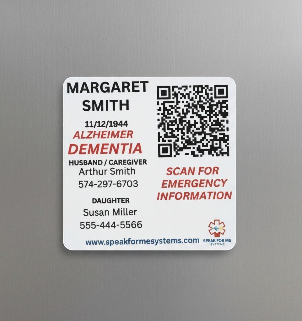 Speak For Me Systems square aluminum emergency refrigerator magnet with personal medical info and QR code for safety.