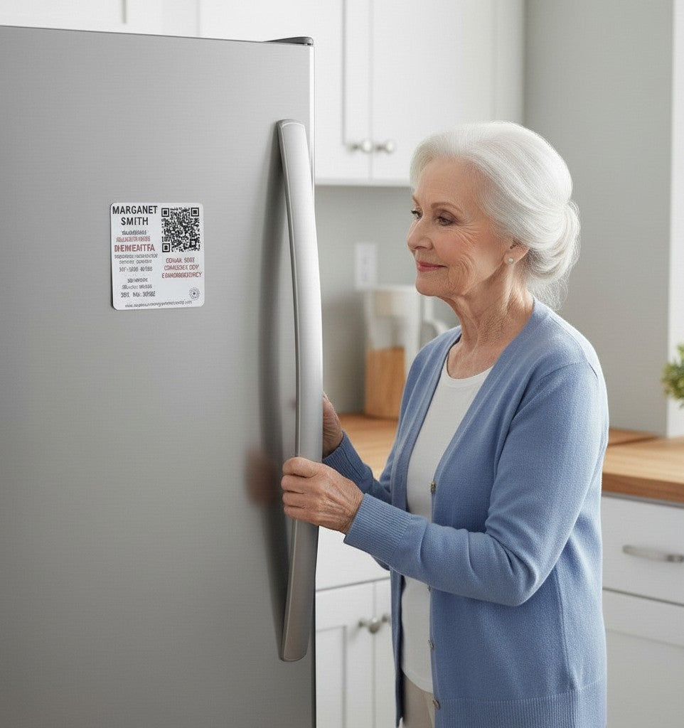 Senior woman placing a Speak For Me Systems emergency QR code magnet on a stainless steel refrigerator door.