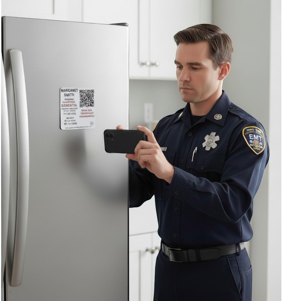 Speak For Me Systems emergency refrigerator magnet with QR code being scanned by an EMT in a home kitchen