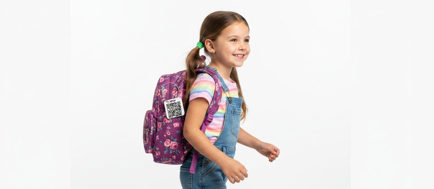 Young girl wearing a floral backpack with a Speak For Me Systems SQUARE TAG attached to the zipper