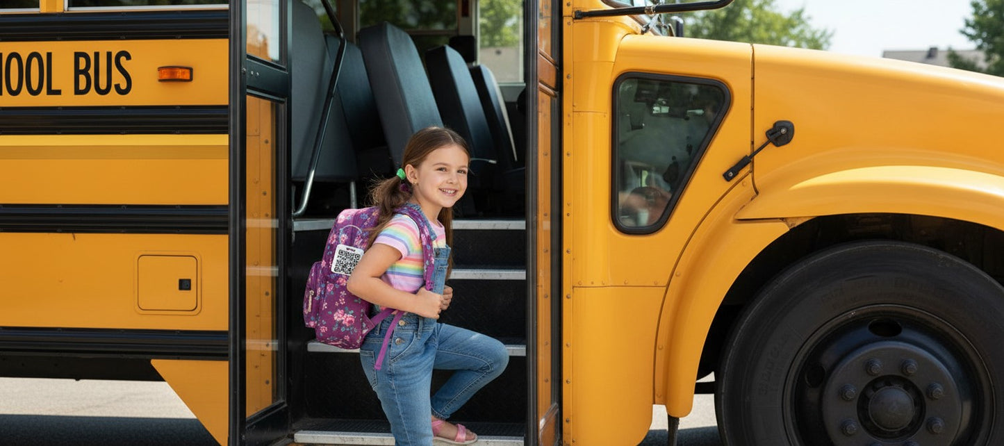 A young girl with a Speak For Me Systems SQUARE TAG on her backpack boarding a yellow school bus